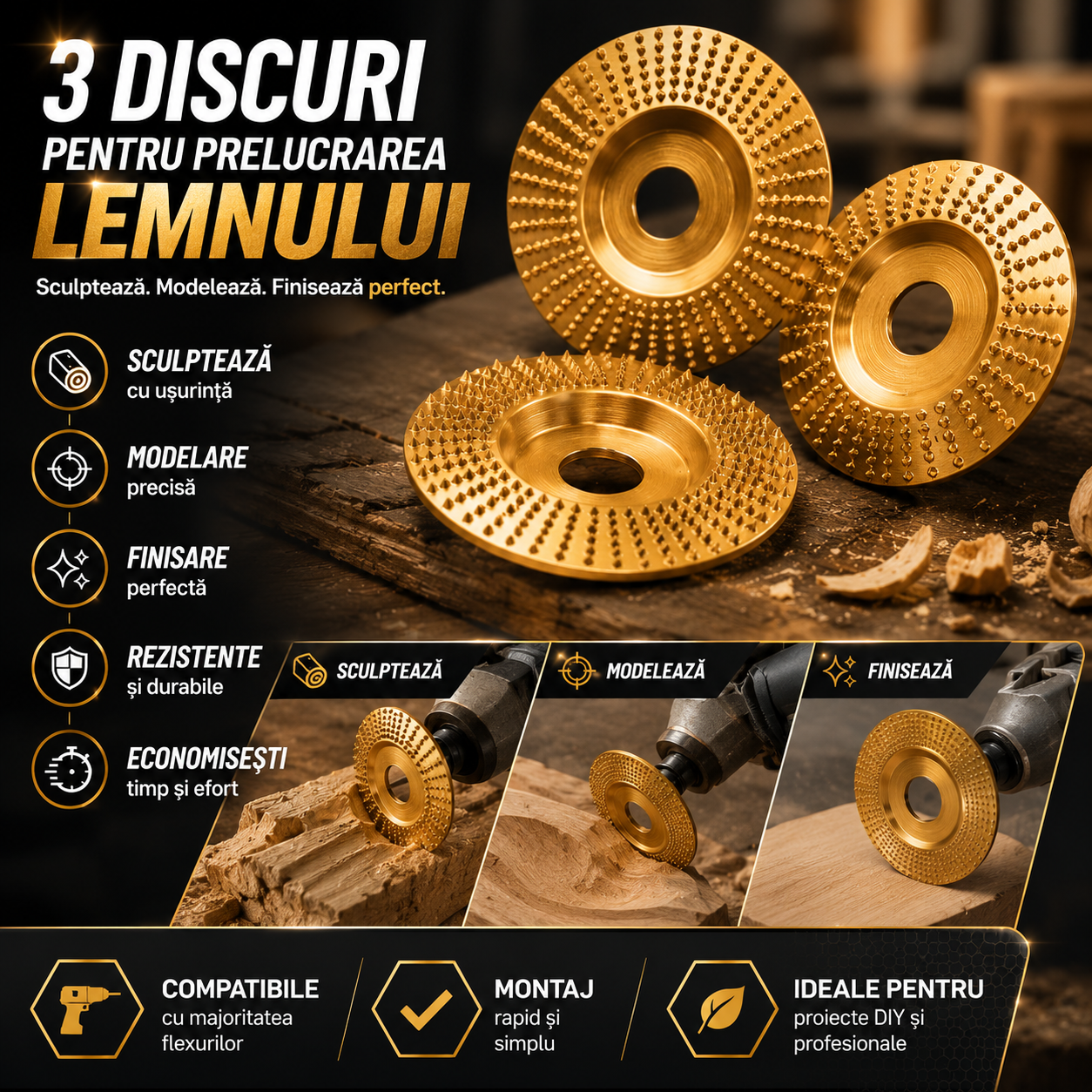 DiscoFlex™ ⭐| Set 3 Discuri Profesional pentru Lemn