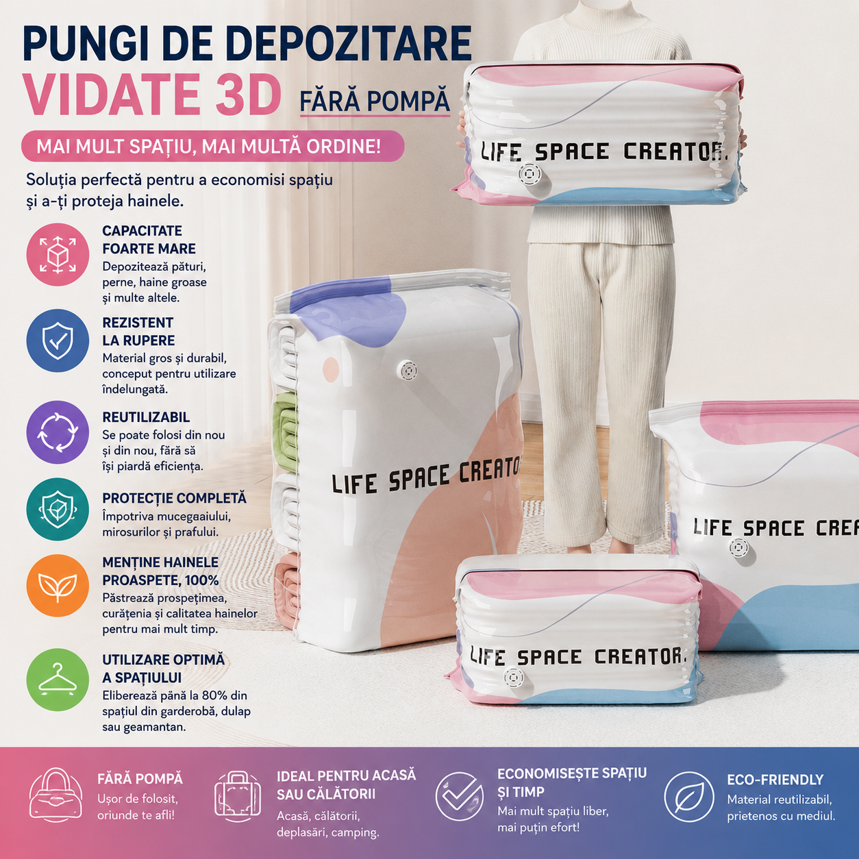 Pungi de depozitare vidate 3D fără pompă