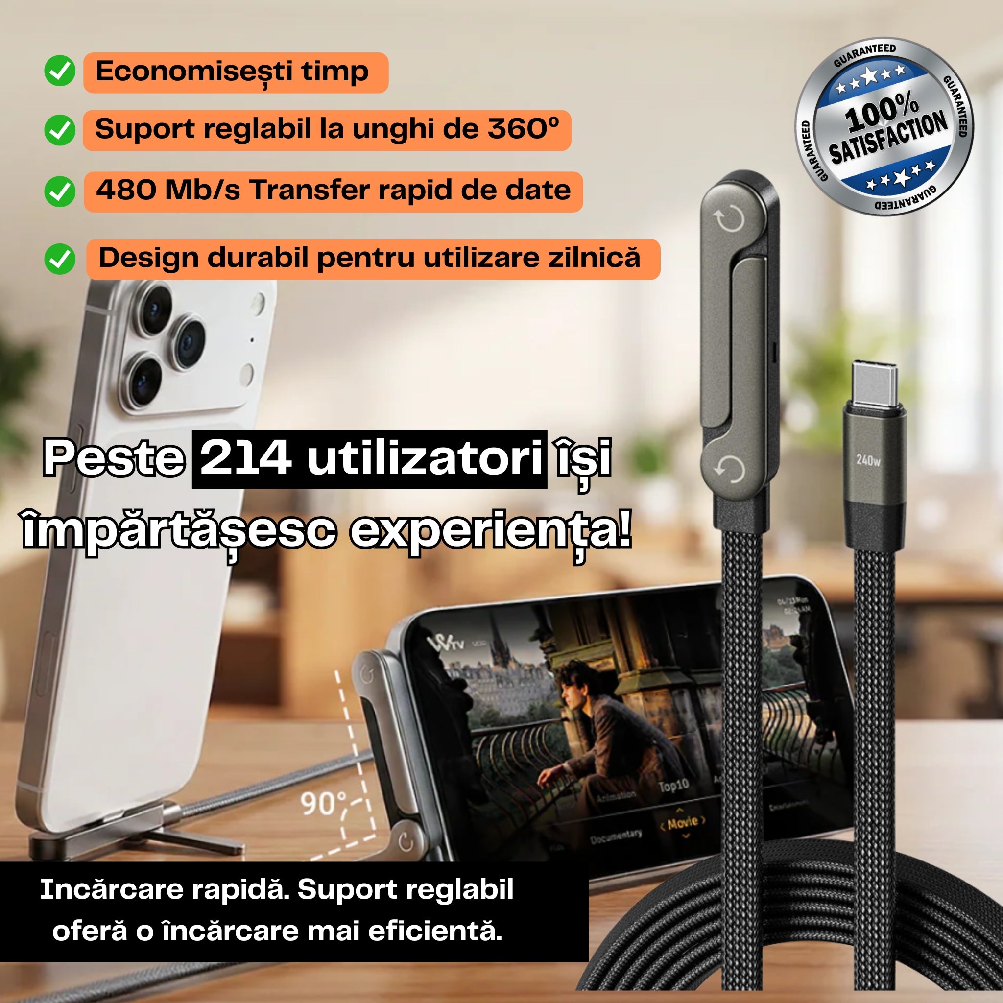Cablu type-C 240W cu suport pentru telefon