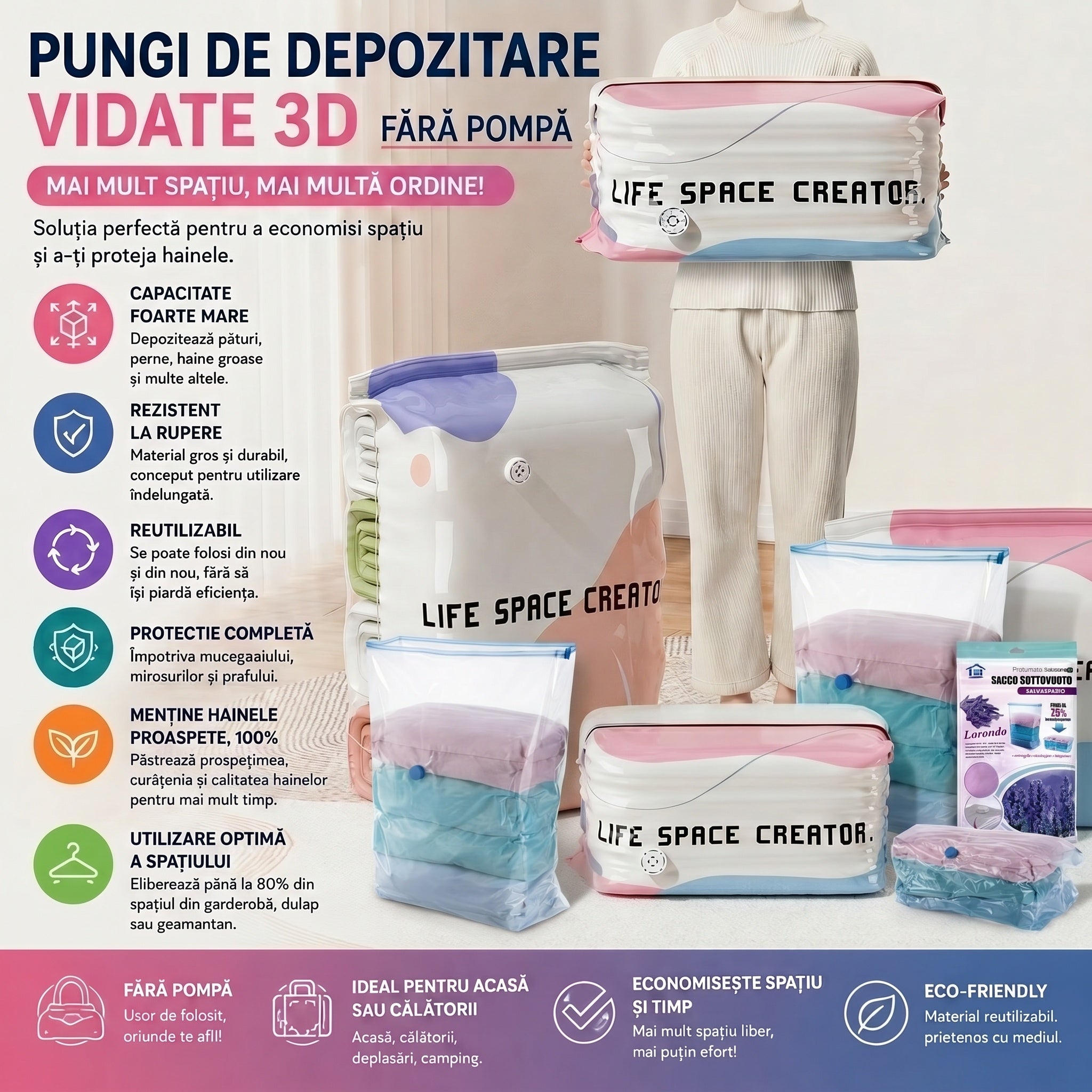 Saci de depozitare vidate 3D fără pompă